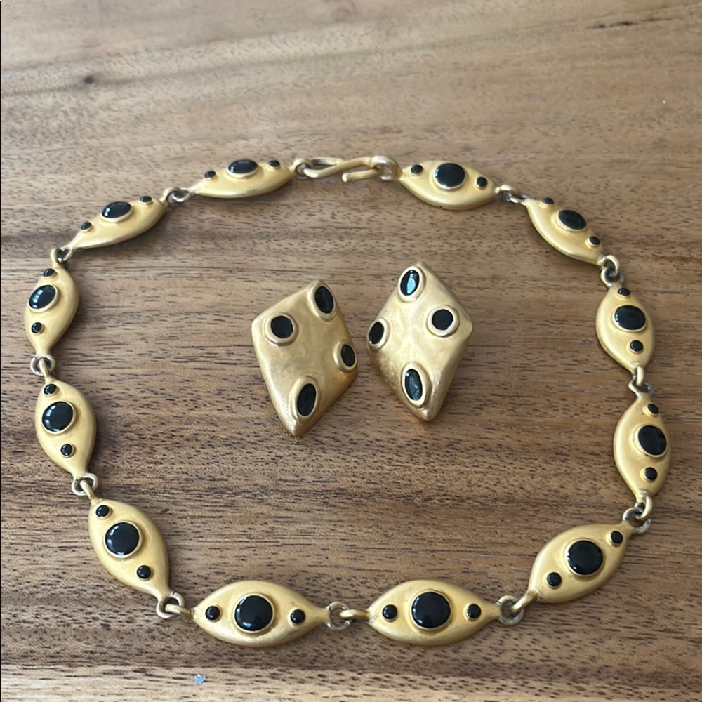 Estate Vintage Erwin Pearl EP Gold and Black Unique Choker Necklace and Earrings